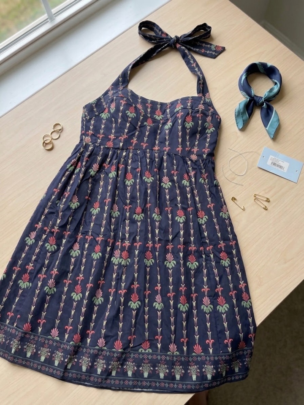 Smocked Halter Mini Dress in Navy Floral